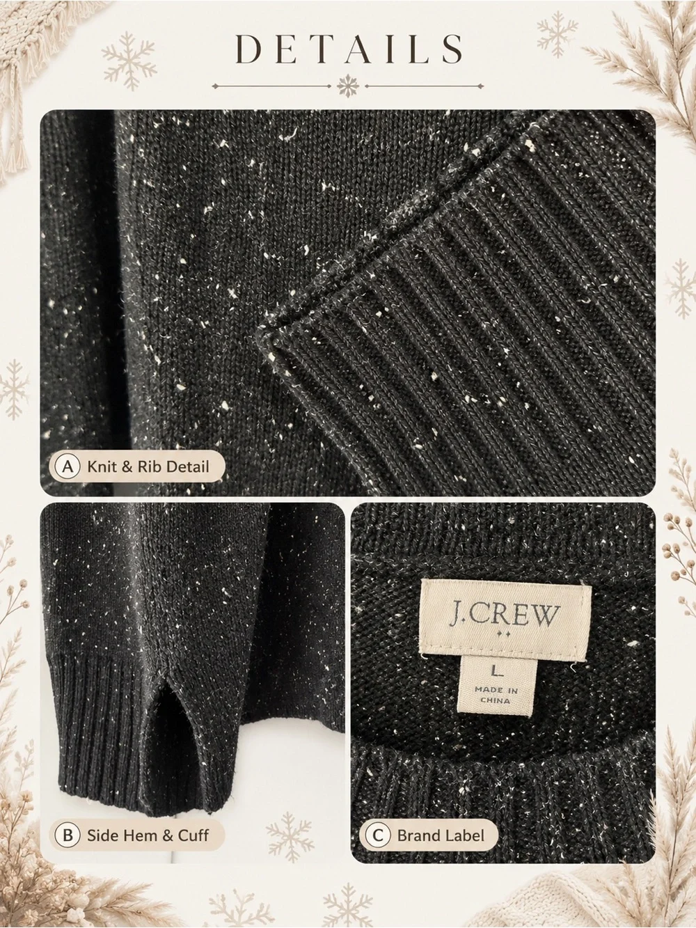 J. Crew Super Comfy Oversized Crewneck Wool Blend Sweater Black & White | Size L